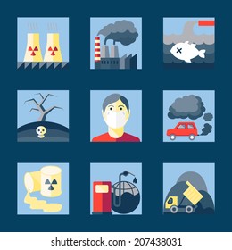 Set of pollution damage environment radioactive icons in flat style on squares vector illustration