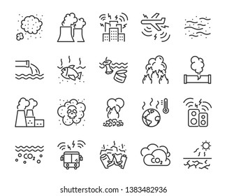 set of pollution icons, such as air pollution, sound pollution, water pollution