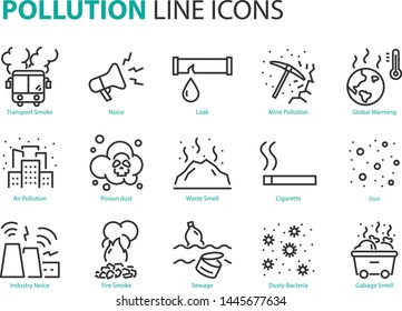 Set Of Pollution Icons, Such As Air Pollution, Noise, Waste, Sewage