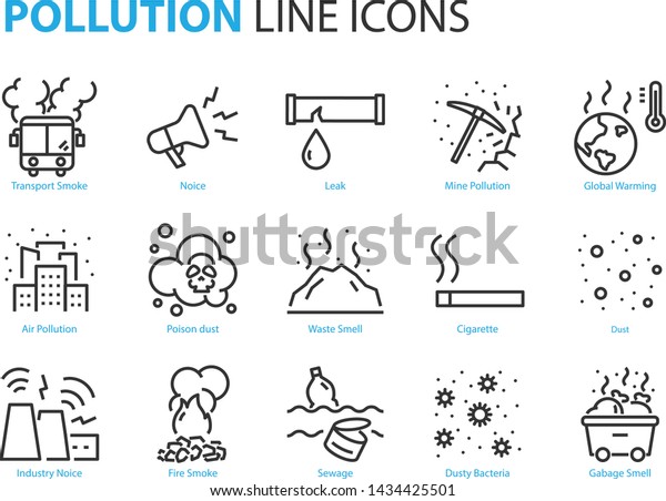 set of pollution icons, such as air pollution,\
noise, waste, sewage