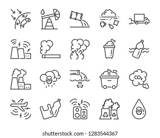 set of pollution icons, such as, global warming, smoke, pastic bags, waste, sound pollution