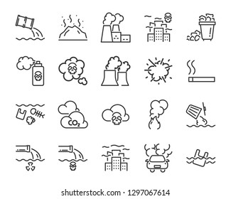 set of pollution icons such as, global warming, air pollution, plastic, climate change