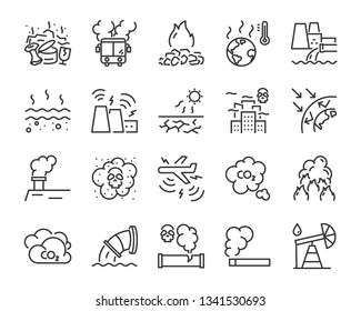 set of pollution icons, such as, smoke, dust, gas, industry, pm 2.5, heat, noise