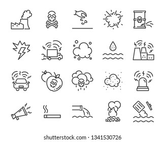 set of pollution icons, such as, pollution, dirty, bin, plastic, industry waste , waste, sound pollution