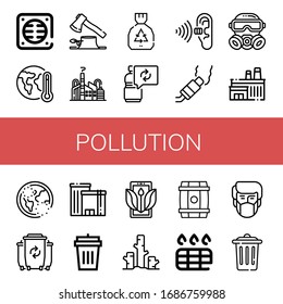 Set of pollution icons. Such as Drain, Global warming, Deforestation, Factory, Garbage, Reuse, Pollution, Gas mask, Ozone, Waste, Garbage bin, Ecology, Barrel , pollution icons