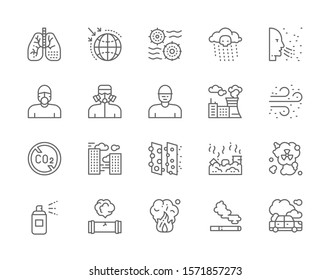 Set of Pollution Line Icons. Air Dust, Ozone Layer Destruction, Radioactive Rain, Respiratory System, Protective Mask, Smog, Dirty Air Filtration, Waste Landfill and more.