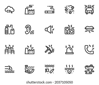 set of pollution line icons, air pollution, dust, drain, industry, noise