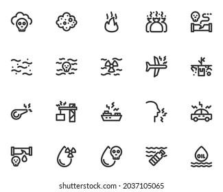 set of pollution line icons, air pollution, dust, drain, industry, noise