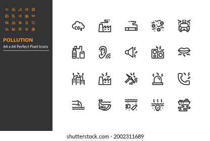 set of pollution line icons, emission, water pollution, air pollution, noise