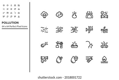 set of pollution line icons, emission, water pollution, air pollution, noise