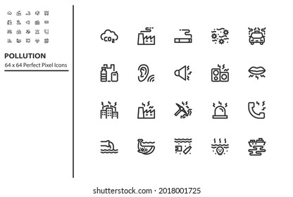 set of pollution line icons, emission, water pollution, air pollution, noise