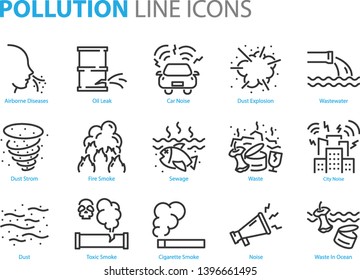 Set Of Pollution Line Icons, Such As Dust, Noise, Sewage, Emission