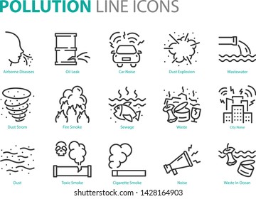 conjunto de iconos de la línea de contaminación, como polvo, ruido, aguas residuales, emisiones