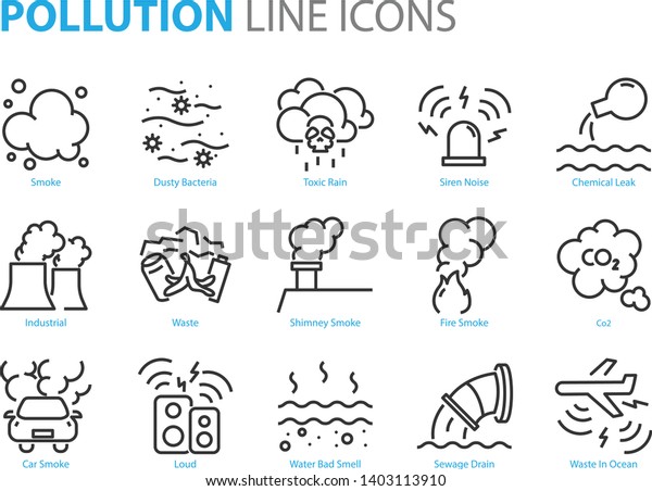 set of pollution line icons, such as dust,\
noise, sewage, emission