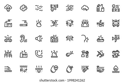 set of pollution line icons, water pollution, air pollution, noise pollution, conteminated, emission