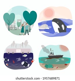 Set of Pollution is toxic from littering into canals and The sea makes aquatic animals dangerous. global warming and save earth concept. Isolated vector illustration