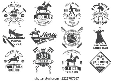 Juego de polo club, equitación, insignia del club de baile, emblema, logotipo. Ilustración vectorial. Plantillas para baile en salón, club de polo y club de deportes de equitación. Etiqueta de cosecha con bailarina