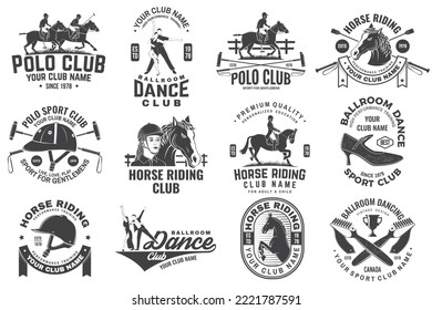 Juego de polo club, equitación, insignia del club de baile, emblema, logotipo. Ilustración vectorial. Plantillas para baile en salón, club de polo y club de deportes de equitación. Etiqueta de cosecha con bailarina