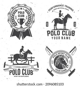 Set of Polo club sport badges, patches, emblems, logos. Vector illustration. Vintage monochrome equestrian label with rider and horse silhouettes. Polo club competition riding sport. Concept for shirt