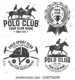 Juego de insignias deportivas del club Polo, parches, emblemas, logos. Ilustración vectorial. Etiqueta monocromática de vintage ecuestre con siluetas de jinete y caballo. Concurso de polo club deportivo.