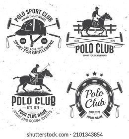 Set of Polo club sport badges, patches, emblems, logos. Vector illustration. Vintage monochrome equestrian label with rider and horse silhouettes. Polo club competition riding sport.