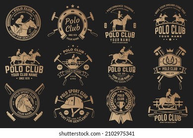 Set of polo club sport badges, patches, emblems, logos. Vector illustration. Vintage monochrome label with rider and horse silhouettes. Polo club competition riding sport.