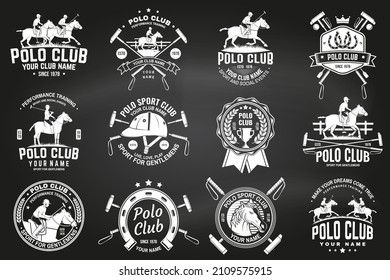 Set of polo club sport badges, patches, emblems, logos. Vector illustration. Vintage monochrome label with rider and horse silhouettes. Polo club competition riding sport.