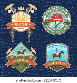 Set of Polo club sport badges, patches, emblems, logos. Vector illustration. Color equestrian label, sticker with rider and horse silhouettes. Polo club competition riding sport.