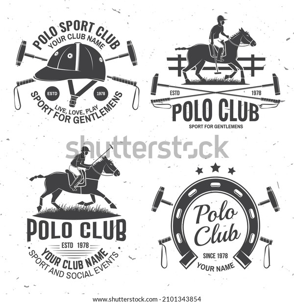 Set of Polo club sport badges, patches, emblems,\
logos. Vector illustration. Vintage monochrome equestrian label\
with rider and horse silhouettes. Polo club competition riding\
sport.