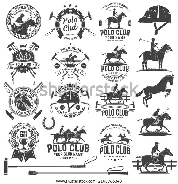 Set of\
polo club sport badges, patches, emblems, logos. Vector\
illustration. Vintage monochrome label with rider and horse\
silhouettes. Polo club competition riding\
sport.