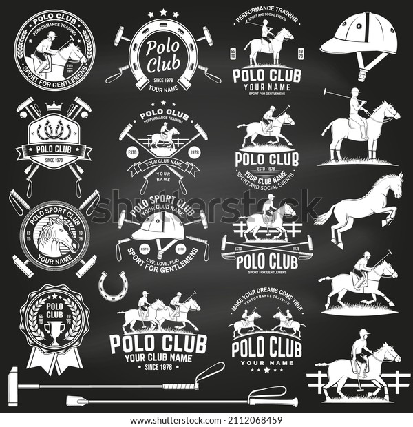 Set of\
polo club sport badges, patches, emblems, logos. Vector\
illustration. Vintage monochrome label with rider and horse\
silhouettes. Polo club competition riding\
sport.