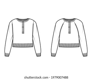 Set of Polo cropped Sweaters technical fashion illustration with rib henley neck, classic collar, long raglan sleeves, knit trim. Flat apparel front, white color style. Women, men CAD mockup