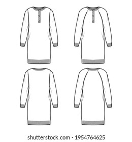 Set of Polo dress Sweaters technical fashion illustration with rib henley neck, classic collar, long raglan sleeves, knit trim. Flat apparel front, back, white color style. Women, men CAD mockup