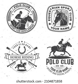 Set of polo and horse riding club patch, emblem, logo. Vector illustration. Templates for polo and horse riding sports club. Vintage monochrome label with equestrian, rider, helmet and horse