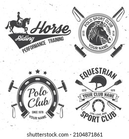 Set of polo and horse riding club patch, emblem, logo. Vector illustration. Templates for polo and horse riding sports club. Vintage monochrome label with equestrian, rider, helmet and horse