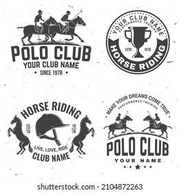 Set of polo and horse riding club patch, emblem, logo. Vector illustration. Templates for polo and horse riding sports club. Vintage monochrome label with equestrian, rider, helmet and horse