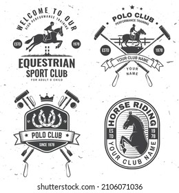 Set of polo and horse riding club patch, emblem, logo. Vector illustration. Templates for polo and horse riding sports club.