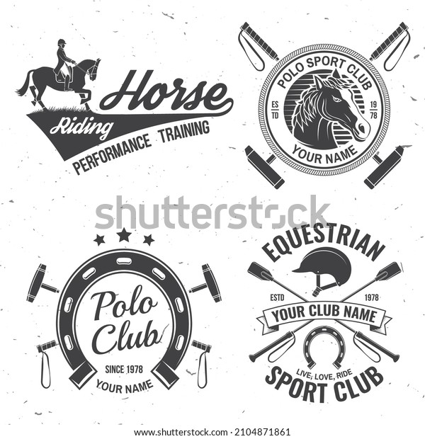 Set of polo and horse riding club patch, emblem,\
logo. Vector illustration. Templates for polo and horse riding\
sports club. Vintage monochrome label with equestrian, rider,\
helmet and horse