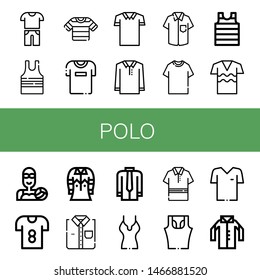 Set of polo icons such as Casual, Sleeveless shirt, Shirt, Tshirt, Polo shirt, Water polo, T ,