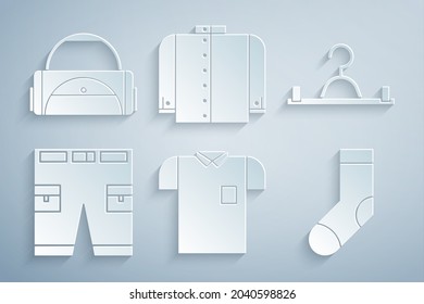 Set Polo shirt, Hanger wardrobe, Short or pants, Socks, T-shirt and Sport bag icon. Vector