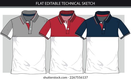 A set of polo shirts with coloured block flat editable technical sketches vector file