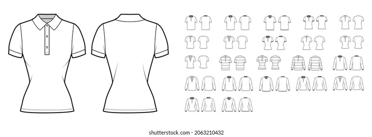 Set of Polo Shirts technical fashion illustration with long short sleeves, tunic crop length, henley neck, oversized fitted body. Apparel top outwear template front back, white color. Women CAD mockup