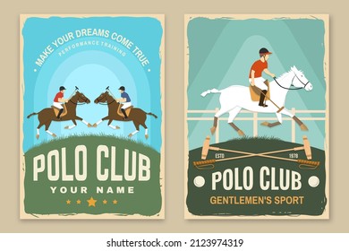 Set of Polo sport club retro posters. Vector illustration. Vintage equestrian label, sticker with rider and horse silhouettes