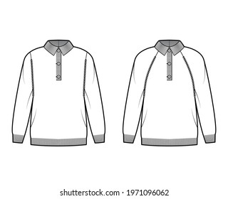 Set of Polo Sweaters technical fashion illustration with rib henley neck, classic collar, long raglan sleeves, oversized, knit trim. Flat apparel front, white color style. Women, men unisex CAD mockup