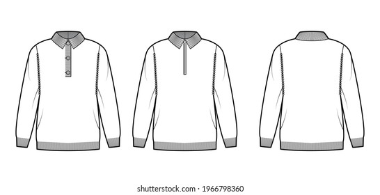 Set of Polo Zip-up Sweaters technical fashion illustration with rib henley neck, classic collar, long sleeves, oversized, knit trim. Flat apparel front, back, white color. Women, men unisex CAD mockup