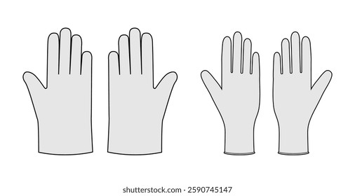 Set of Poly, CPE, TPE and Cleaning protective Gloves Fashion hand accessory clothing technical illustration garment. Vector style flat template CAD mockup sketch outline on white background
