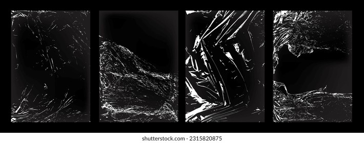 Set of polyethylene texture. Torn effect. Transparent stretched cling film. Overlay grunge texture. Collection of vector background. Crumpled warp plastic. Defect, scuff template. Wrinkled packaging