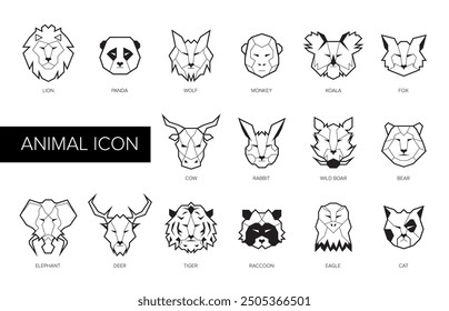 Set of polygon animal icons. Geometric heads of animal collection. Linear style vector illustration.