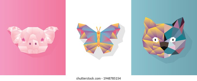 Set of polygon geometric animal. Pig, buttefly and cat Vector illustration.