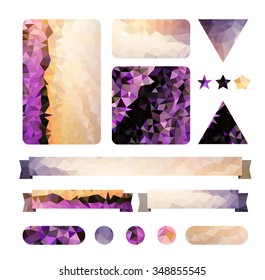 Set of polygon geometric shapes, ribbons, banners in purple and gold colored design. Vector element with colored triangular pattern.